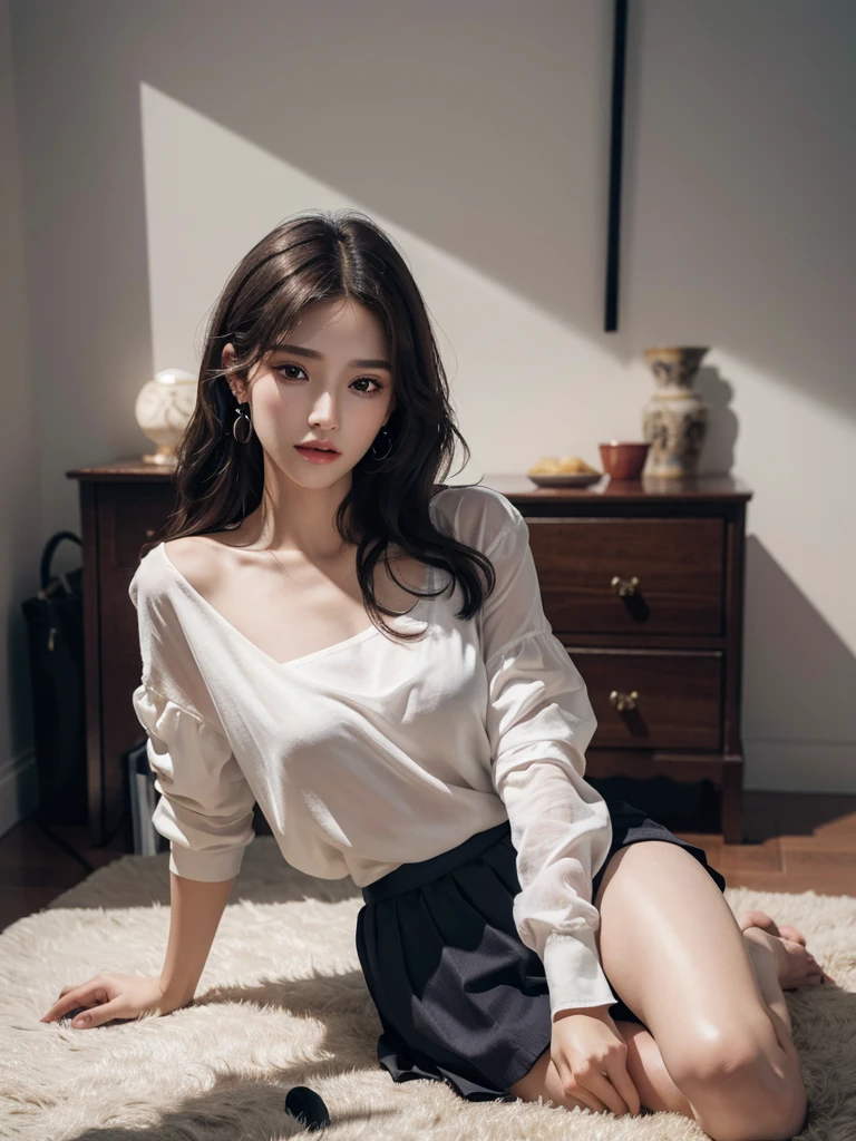 absurdres, RAW photo, extremely delicate and beautiful, masterpiece, Best Quality, ultra high resolution, 32k, hyperrealistic, ultra-detailed, perfect anatomy, super Detailed skin, perfect figure, Super Beauty, Perfect Style, Perfect balance, Beautiful Lighting, Perfect Lightning, Realistic Shadows, 20 years old, very Slim body, narrow waist, very small head, very small face, delicate facial features, handsome detailed woman, very detailed eyes and face, realistic face proportions, Realistic beautiful face, Realistic beautiful eyes, tearful mole, earring, very huge round breasts, legs, medium hair, asymmetrical hair, full_body_shot, indoor, school_uniform, short skirt, bare foots,
