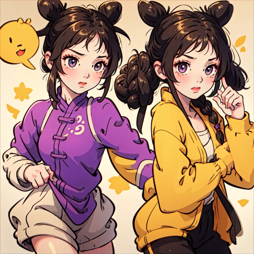 ((Best Quality, ancient china)), 1chica, brown fur ((bun hairstyle)) , purple eyes, yellow tunic ((completely yellow tunic))