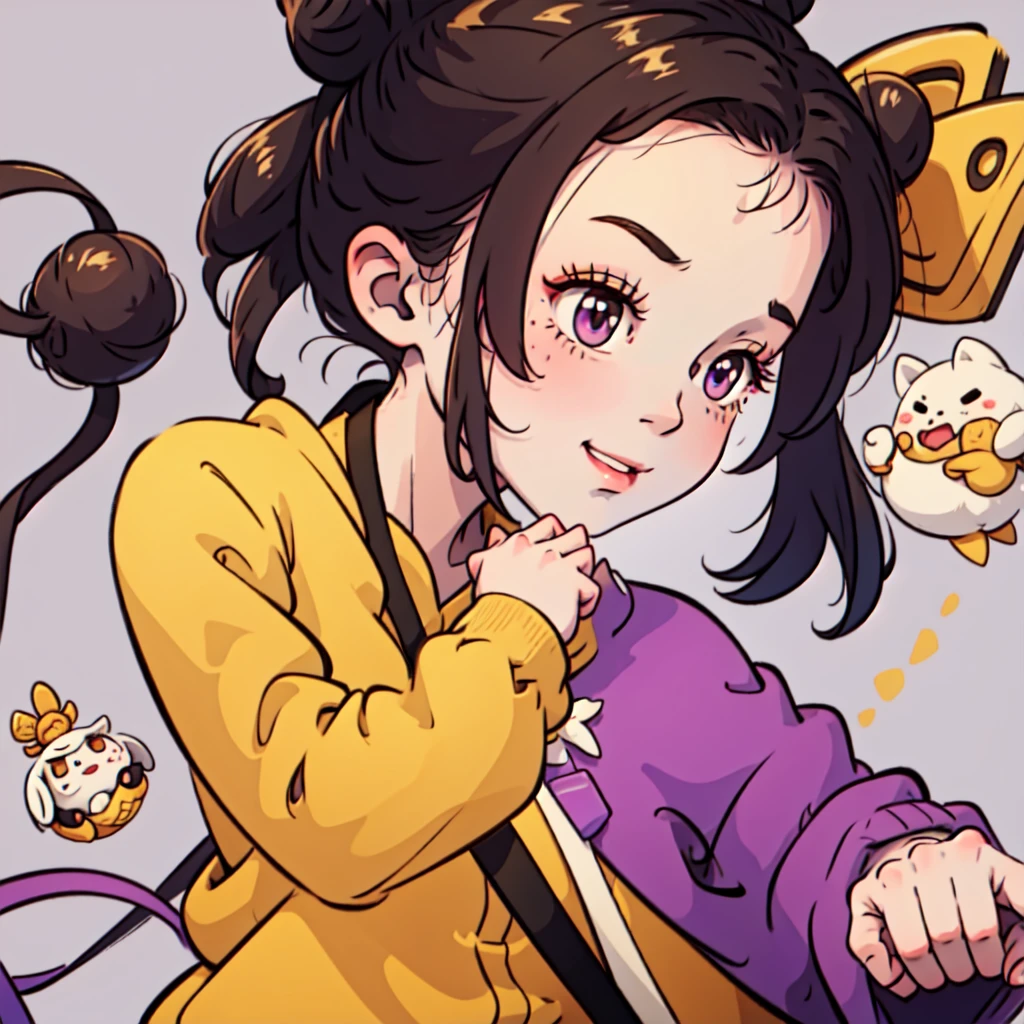 ((Best Quality, ancient china)), 1chica, brown fur ((bun hairstyle)) , purple eyes, yellow tunic ((completely yellow tunic))
