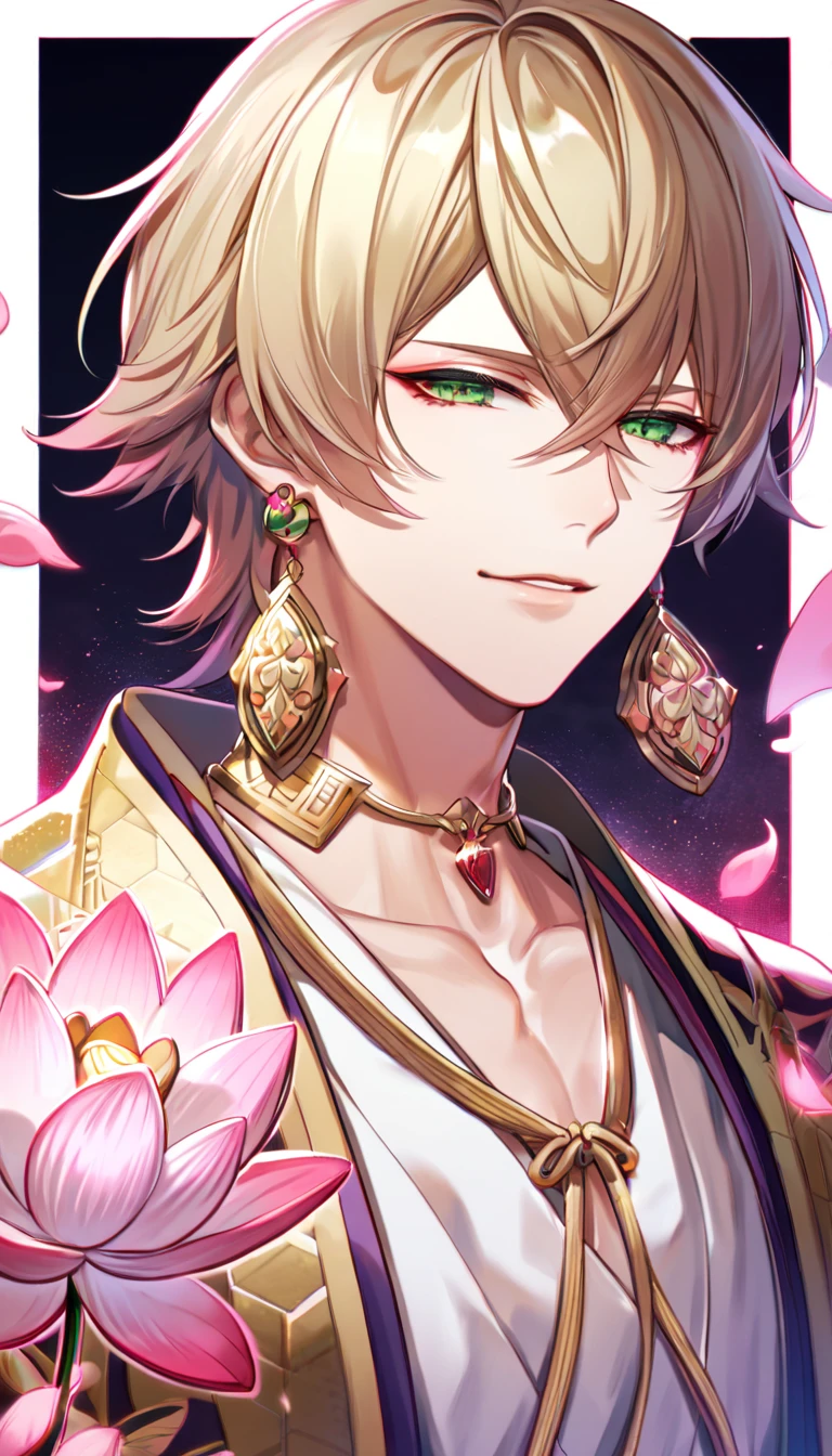 (absurdres, highres, ultra detailed, HDR), master piece, best quality, perfect face, delicate features, vibrant green eyes, solo, man, handsome, Taishakuten, ash-blond hair, hair between the eyes, white tunic, showing the chest, lotus earrings, onmyoji, pink moon, pink flames, pink petals, pink butterflies