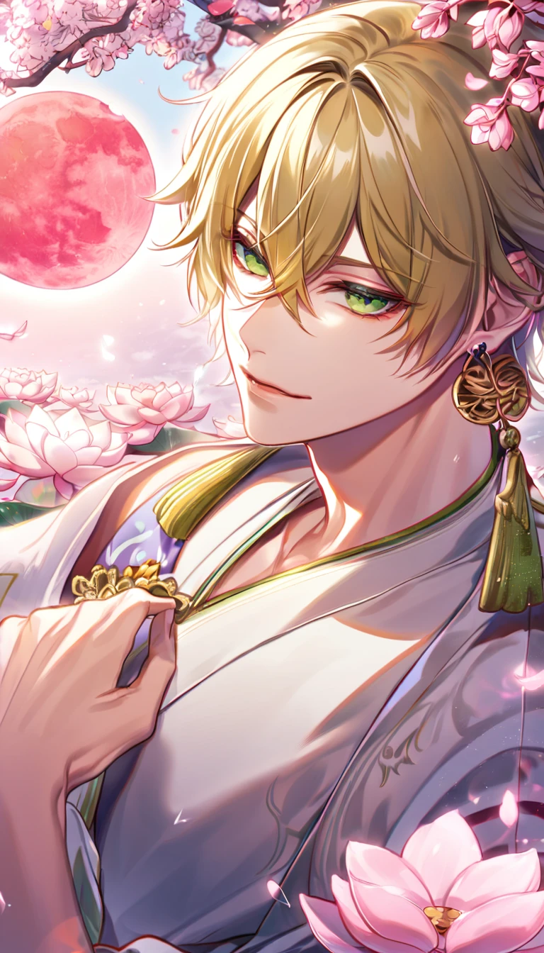 (absurdres, highres, ultra detailed, HDR), master piece, best quality, perfect face, delicate features, vibrant green eyes, solo, man, handsome, Taishakuten, ash-blond hair, hair between the eyes, white tunic, showing the chest, lotus earrings, onmyoji, pink moon, pink flames, pink petals, pink butterflies