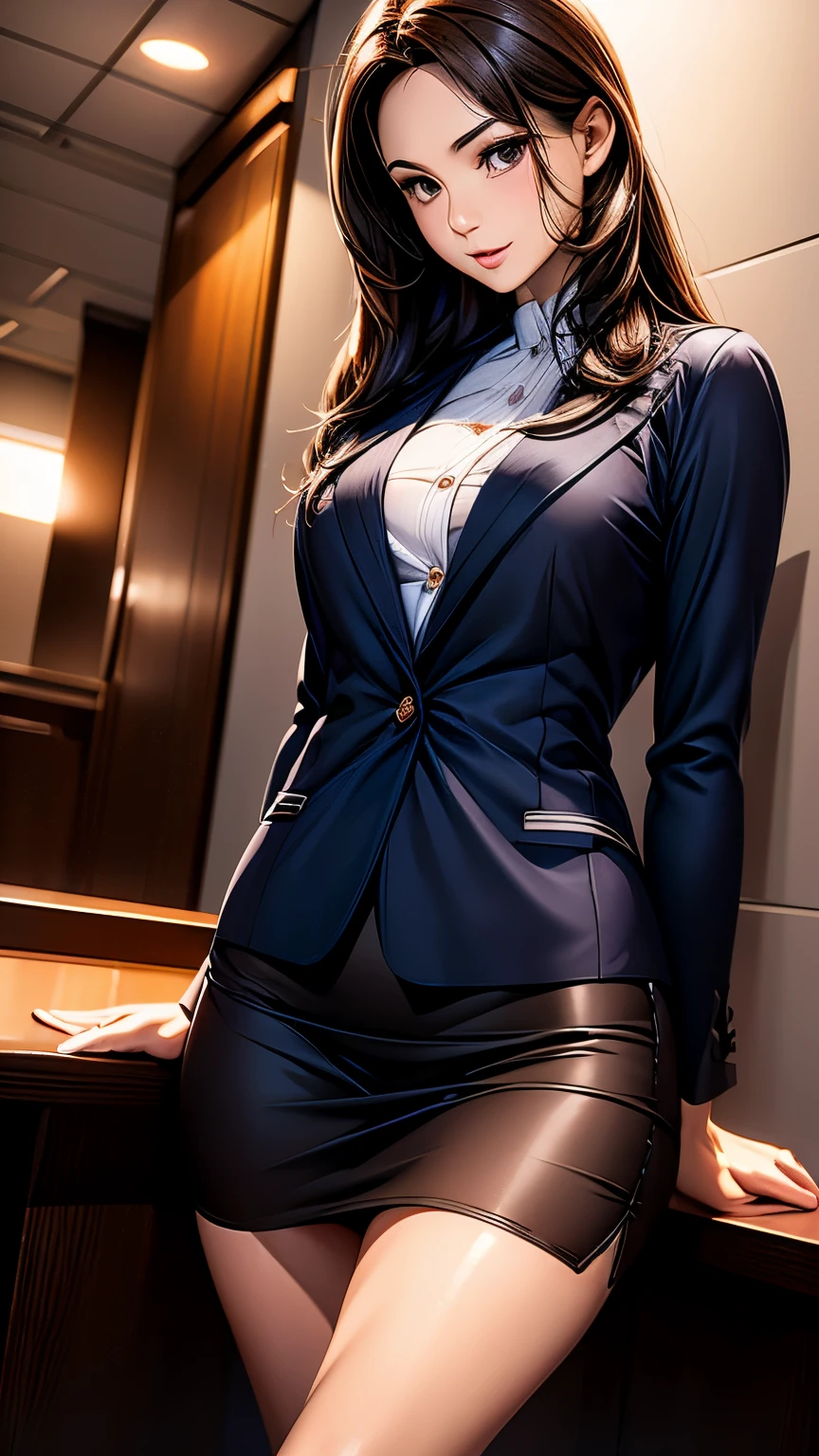 Highest quality, Tabletop, Beautiful mature woman、Beautiful Face、Faint-hearted woman、Office Suits、Tight mini skirt、Brown haired、Brown eyes、Long Hair、Small eyes、Looks like a whole body、Plump body