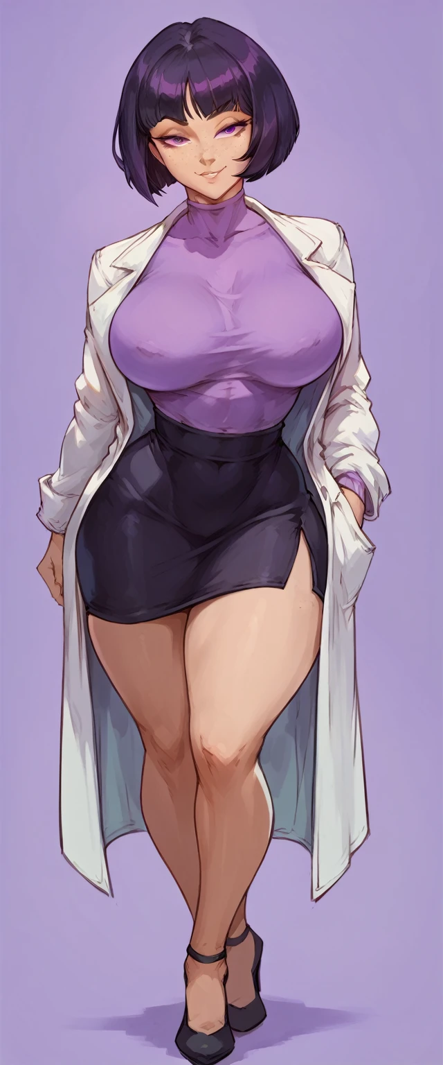 (solo) female , black short hair bob cut, woman (big breasts:1.5), attractive, purple shirt, tight black skirt, lab coat fit body, thicc, freckles, freckles on face, smug eyes, (happy expression), she is standing look to the viewer , violet background, simple background, thick thighs (front view) high heels