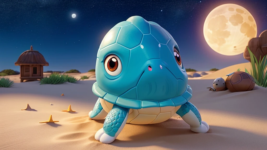 Create an airbrush glossy image of a cute cartoon turtle with a patterned shell, lying on a sandy beach with its head resting on a striped pillow. The turtle should have large, expressive eyes and be smiling. In the background, there should be a clear night sky with stars and a large full moon illuminating the scene. The words "GOOD NIGHT" should be written in the sky above the turtle in a friendly and inviting font.