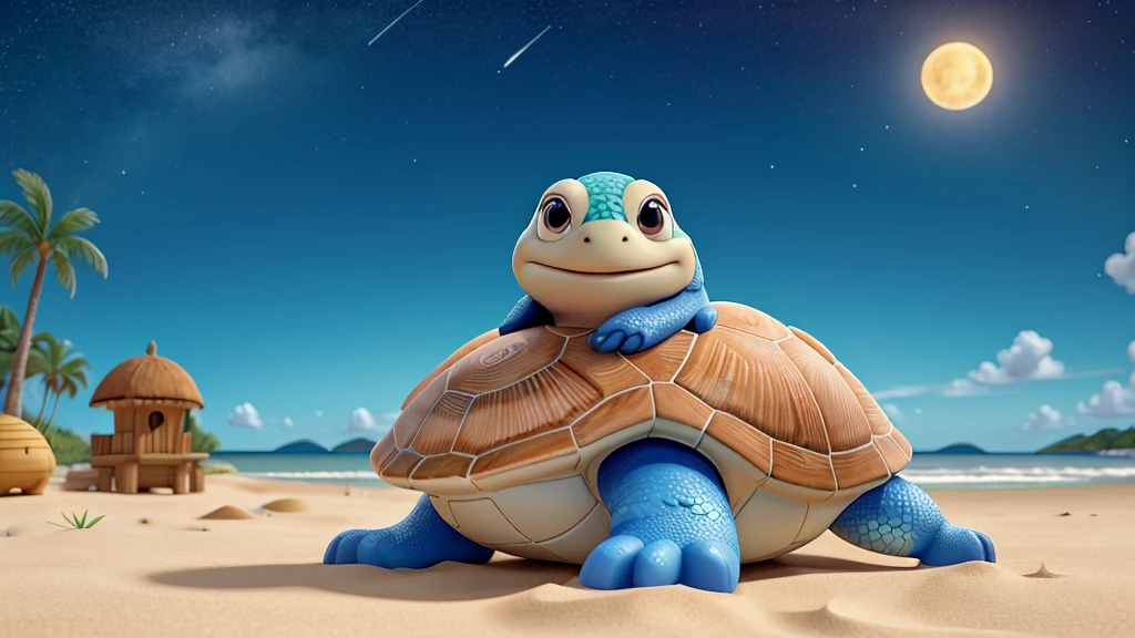 Create an airbrush glossy image of a cute cartoon turtle with a patterned shell, lying on a sandy beach with its head resting on a striped pillow. The turtle should have large, expressive eyes and be smiling. In the background, there should be a clear night sky with stars and a large full moon illuminating the scene. The words "GOOD NIGHT" should be written in the sky above the turtle in a friendly and inviting font.