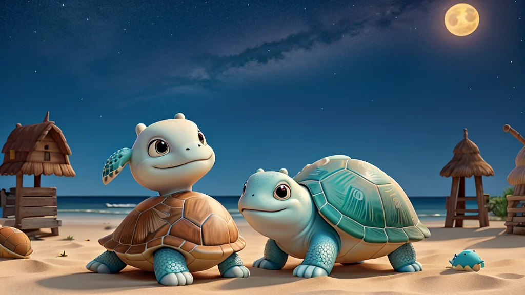 Create an airbrush glossy image of a cute cartoon turtle with a patterned shell, lying on a sandy beach with its head resting on a striped pillow. The turtle should have large, expressive eyes and be smiling. In the background, there should be a clear night sky with stars and a large full moon illuminating the scene. The words "GOOD NIGHT" should be written in the sky above the turtle in a friendly and inviting font.