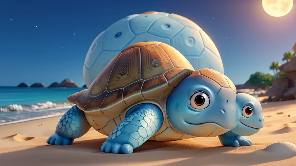 Create an airbrush glossy image of a cute cartoon turtle with a patterned shell, lying on a sandy beach with its head resting on a striped pillow. The turtle should have large, expressive eyes and be smiling. In the background, there should be a clear night sky with stars and a large full moon illuminating the scene. The words "GOOD NIGHT" should be written in the sky above the turtle in a friendly and inviting font.