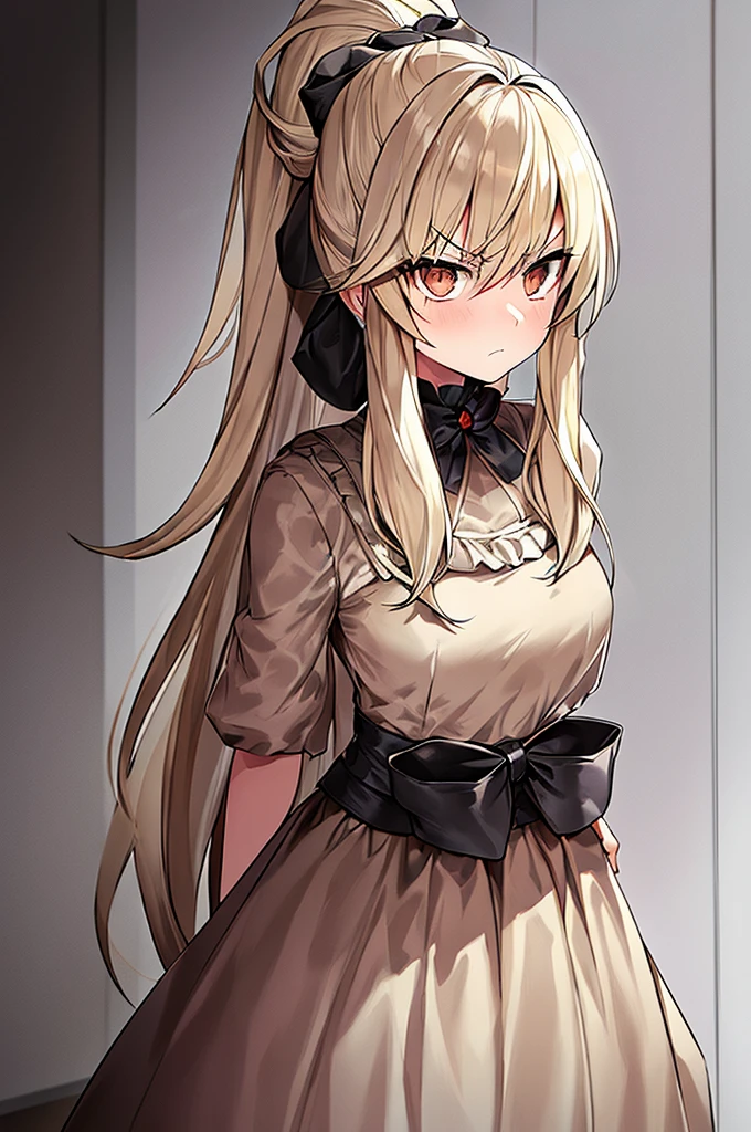 Masterpiece, best quality, girl noir style, beige skin, hairy skin, beige hair on the skin, brown eyes, long beige hair combed, hair up, white dress, black bow, determined look, look forward, serious, hairy skin . hairy face, noir style, hair up.