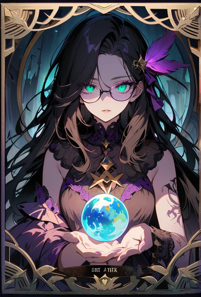 Mysterious astrologer girl,Pale skin,Medium black hair fluttering in the wind,Shiny glasses lenses, She held a glowing sphere in her hand,Emerald eyes,Sharp eyes,The strange tattoo on her arm,Crystal Ball,Thunder and five-pointed star decoration,Tarot,Mysterious symbols,Dramatic Lighting,Gothic,Purple lace dress,Gorgeous jewelry,Feather hair accessories, Dark and scary atmosphere,