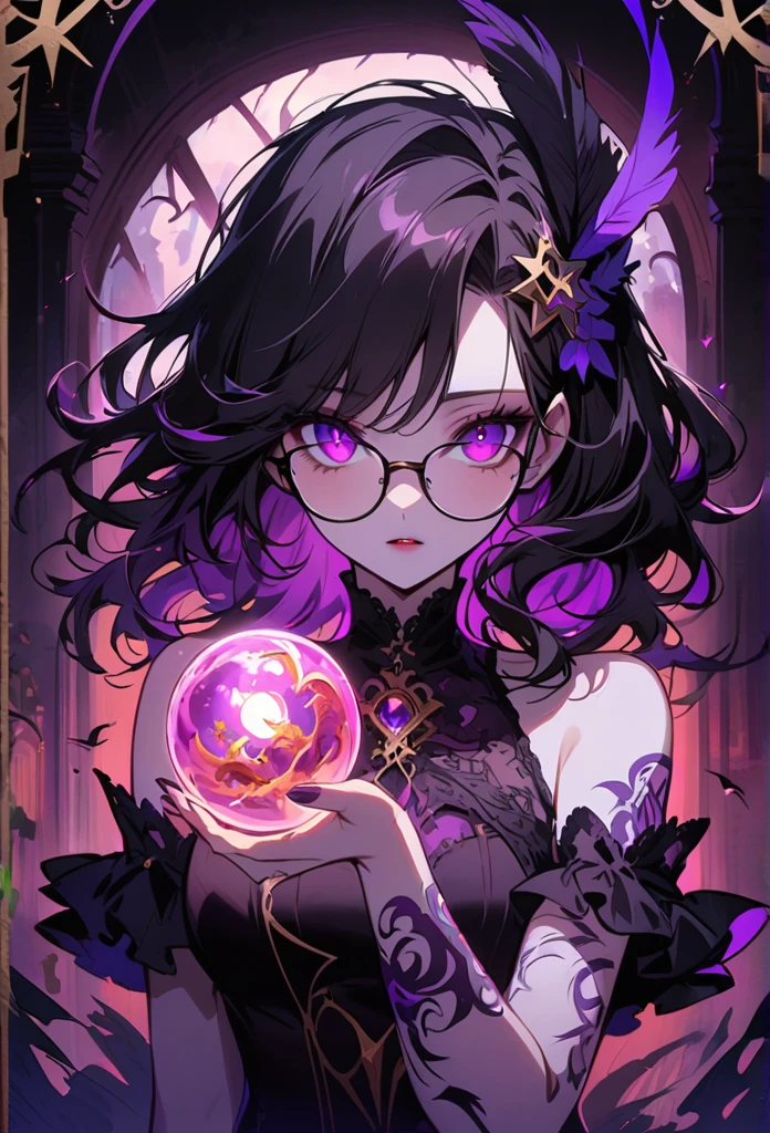 Mysterious astrologer girl,Pale skin,Medium black hair fluttering in the wind,Shiny glasses lenses, She held a glowing sphere in her hand,Emerald eyes,Sharp eyes,The strange tattoo on her arm,Crystal Ball,Thunder and five-pointed star decoration,Tarot,Mysterious symbols,Dramatic Lighting,Gothic,Purple lace dress,Gorgeous jewelry,Feather hair accessories, Dark and scary atmosphere,