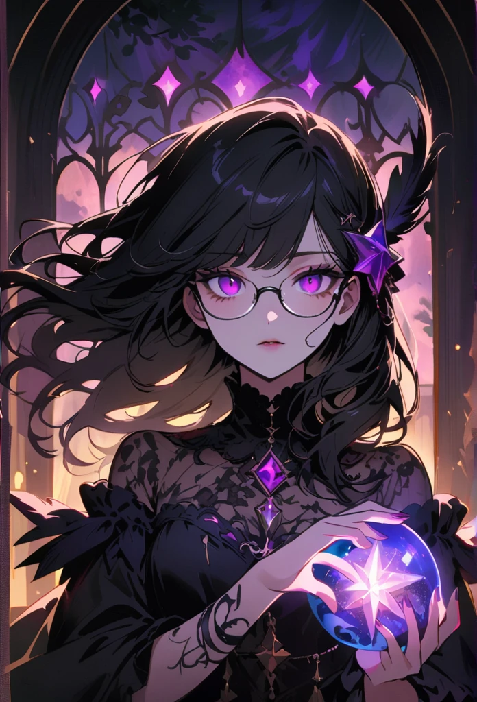 Mysterious astrologer girl,Pale skin,Medium black hair fluttering in the wind,Shiny glasses lenses, She held a glowing sphere in her hand,Emerald eyes,Sharp eyes,The strange tattoo on her arm,Crystal Ball,Thunder and five-pointed star decoration,Tarot,Mysterious symbols,Dramatic Lighting,Gothic,Purple lace dress,Gorgeous jewelry,Feather hair accessories, Dark and scary atmosphere,