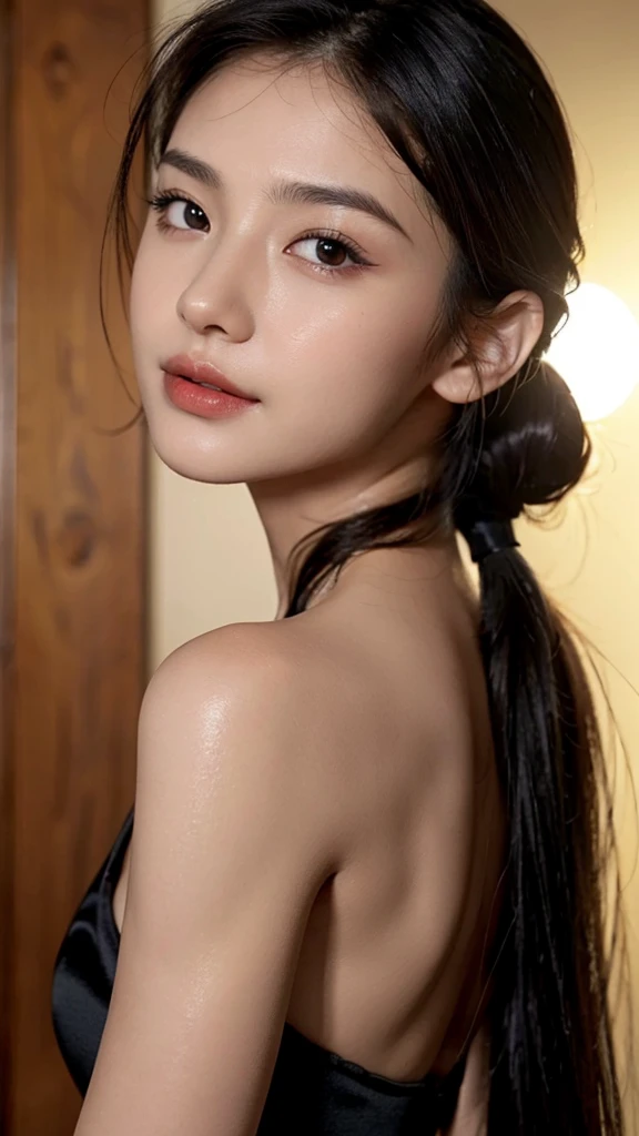 Lipstick in hand,Cosmetics commercial style,Commercial filming studio,close up face,fully body photo,masutepiece, The highest image quality, High quality, the background is clear,Beautiful woman, Japanese, Detailed, Ultra-detailed, finely detail, hight resolution, 8K Wallpaper, Perfect dynamic composition, Beautiful detailed eyes ,Detailed eyes, Detailed skin, Beautiful skin, 超hight resolution, (reality: 1.4),Very beautiful woman, Slightly younger face, Beautiful skin, slender, (Ultra photo realsisim), (hight resolution), (8K), (Very detailed) (beautifully detailed eyes), (super detailed), (Detailed face), view the viewer, Fine details, Detailed face, Staring straight ahead, Staring straight ahead, photos realistic, Bright lighting, Professional Lighting, Black hair,poneyTail,a baby face,sixteen years old,Hairstyle: ponytail,Long ponytail hairstyle,slight smile,