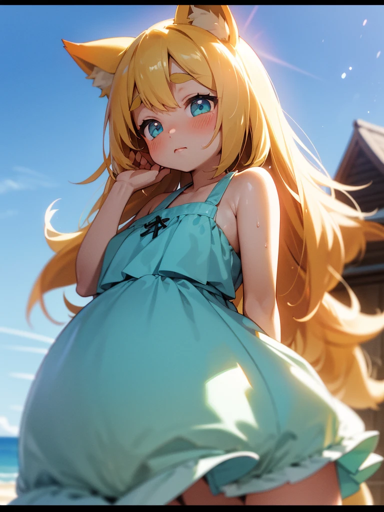 (Sumilux f1.4 24mm , low Latitude old color negative film , cross process , bokeh, flare, chromatic aberration , soft focus, (Shallow focus) , soft glow , Maximum aperture, High Key , Transparent depiction) , dynamic wide angle , kawaii anime , Girl peering in , fox ear , Thick eyebrows , Swollen cheeks , Strong eyes , glossy lips , round face , Summer dress, strong wind , The hem flutters , in the Roof of a house on a hill overlooking the sea , Body lines are visible , splash lotion