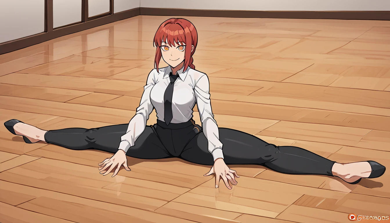 makima, braided ponytail, orange eyes, ringed eyes, collared shirt, black necktie, black pants, smile, One girl, Sitting, On the floor, Split Horizon, stretch, horizontal splits, stretch regs, hands on floor