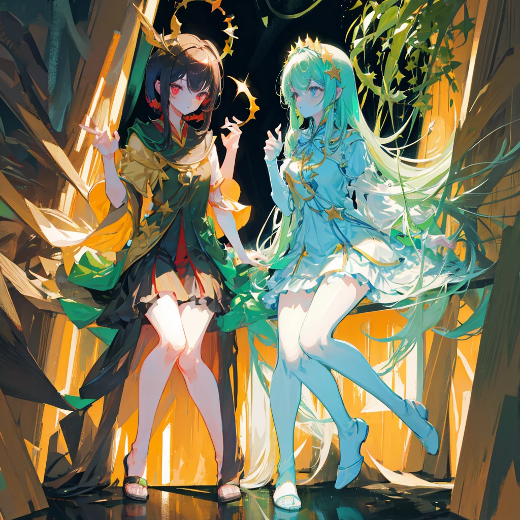 high resolution, shorth hair, Eyes red, aretes, sheen, stele, pretty, hair green, star accessories, sleepy eyes, only one girl, full body, body anatomy, perfect 5 fingers only.