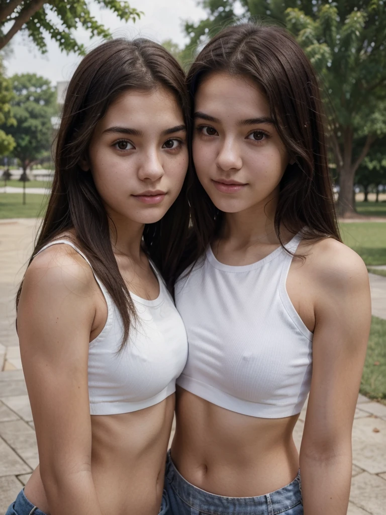 Ultrarealistic, 2 girls next to each other, 17 year old girls, white skin, dark brown hair, (selfy with front camera), upper body, wearing a crop top, hugging, looking at the camera, at a park