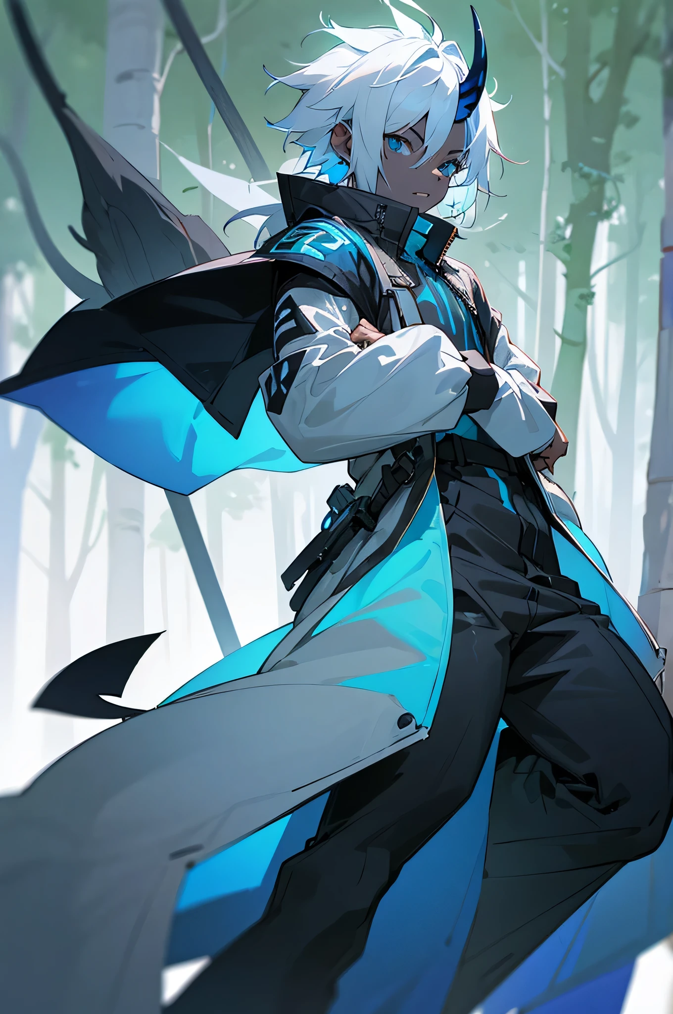 1male, black and blue skin color, white hair ,small horns, with a tail, Jump jacket, Forest background,standing pose.