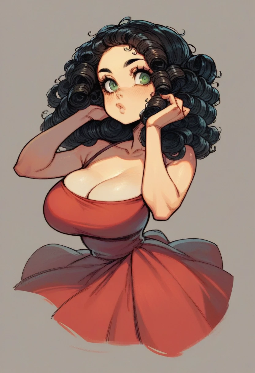 One girl, green eyes, curly hair, black hair, curly bangs, lightskin, retrato, big breasts, red dress, neckline