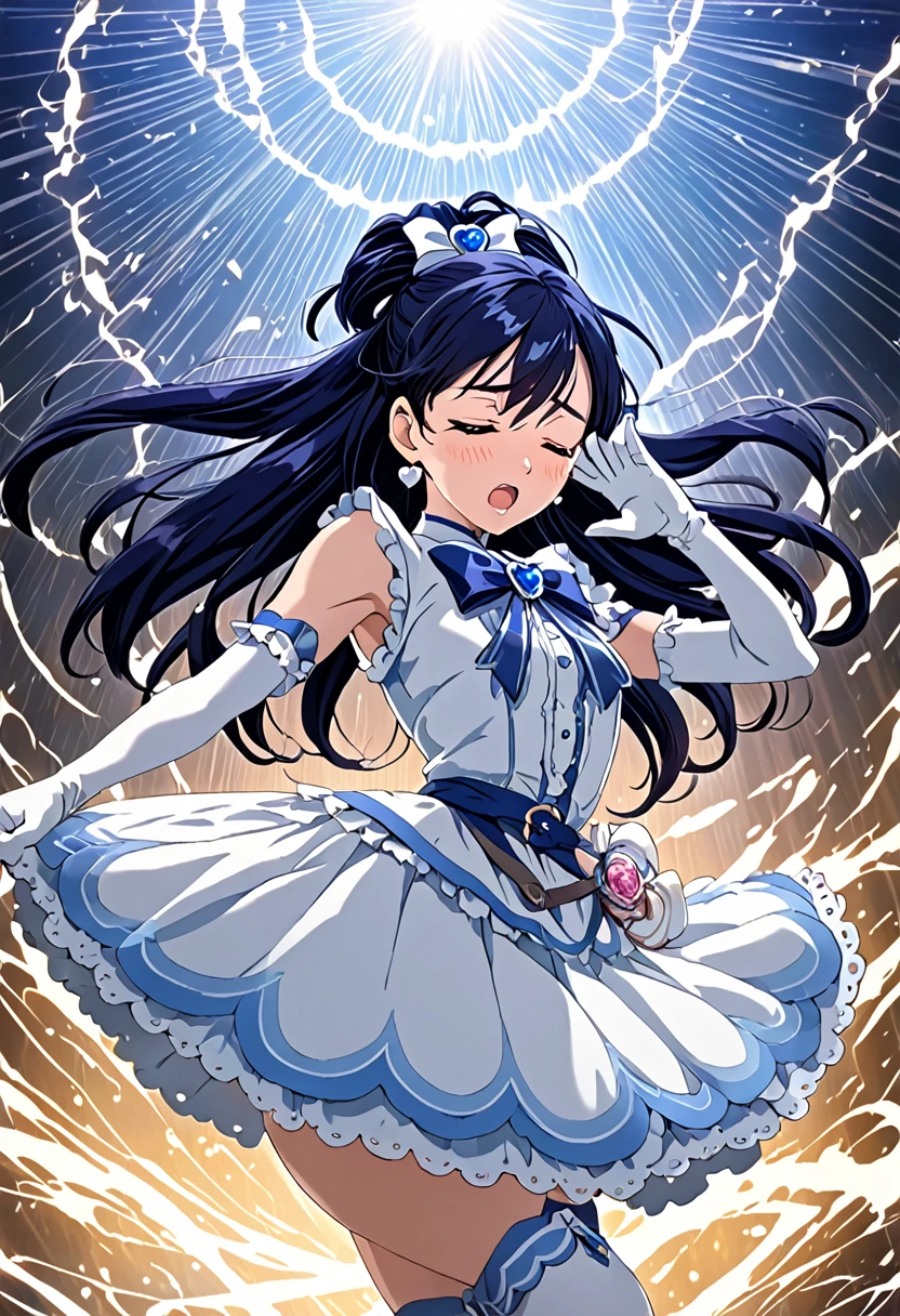 (Suffering from being held by a muscular man:1.5)、Cure White,hair ribbon,Chest ribbon, mini skirt, white choker, thigh straps, elbow gloves, heart brooch,Heart Earrings,detailed hair and outfit, long flowing dark blue hair, white and blue frilly dress, white gloves and boots, blushing, feeling pain, suffering from arm being bitten by enemy, dynamic and intense scene, background with sound waves, eyes closed, masterpiece, best quality, highly detailed background, perfect lighting, (beautiful, best quality: 1.1), masterpiece, perfect eyes, (beautiful), (erotic: 1.2)