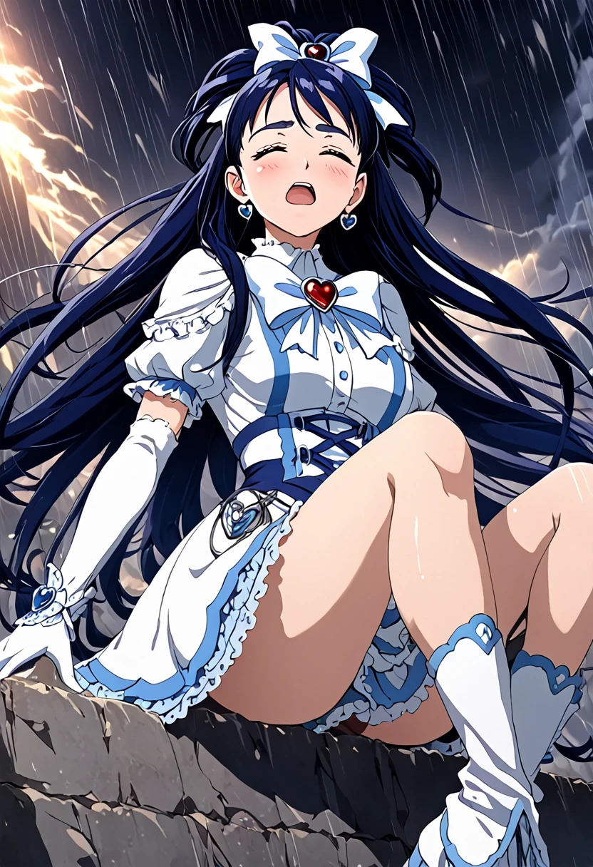 (Suffering from being held by a muscular man:1.5)、Cure White,hair ribbon,Chest ribbon, mini skirt, white choker, thigh straps, elbow gloves, heart brooch,Heart Earrings,detailed hair and outfit, long flowing dark blue hair, white and blue frilly dress, white gloves and boots, blushing, feeling pain, suffering from arm being bitten by enemy, dynamic and intense scene, background with sound waves, eyes closed, masterpiece, best quality, highly detailed background, perfect lighting, (beautiful, best quality: 1.1), masterpiece, perfect eyes, (beautiful), (erotic: 1.2)