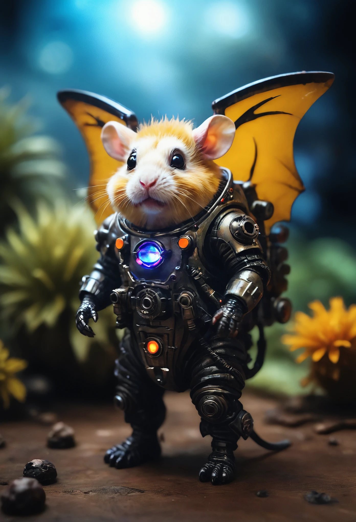 Chiaroscuro lighting, a photo with a tilt shift. fluffy chubby Dzungarian demon hamster monster with (bat wings) in a spacesuit, a (dark and hellish alien planet:1.2),  inferno in the background, selective focus, miniature effect, highly detailed, perspective control, a picture with a natural tilt (whimsically artistic), macro photography, (charming:1.1), (huge flora: 1.1), mystical, vivid photography, preoccupied, bizarre, disturbing, soft-focus, over-detailed digital art