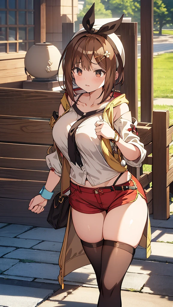 masterpiece,hentai, Naked Girls,favorite,Bounce and shake wildly,, 32K,Super detailed,Ultra-detailed,Vibrant breasts, Short brown hair, shirt, Shorts, Black knee socks, Ryza outfit, loungewear, {{A biological weapon that preyed on the sleeping Ryza and transformed into her appearance, Big bouncing}}, Overall view, Town, NSFW