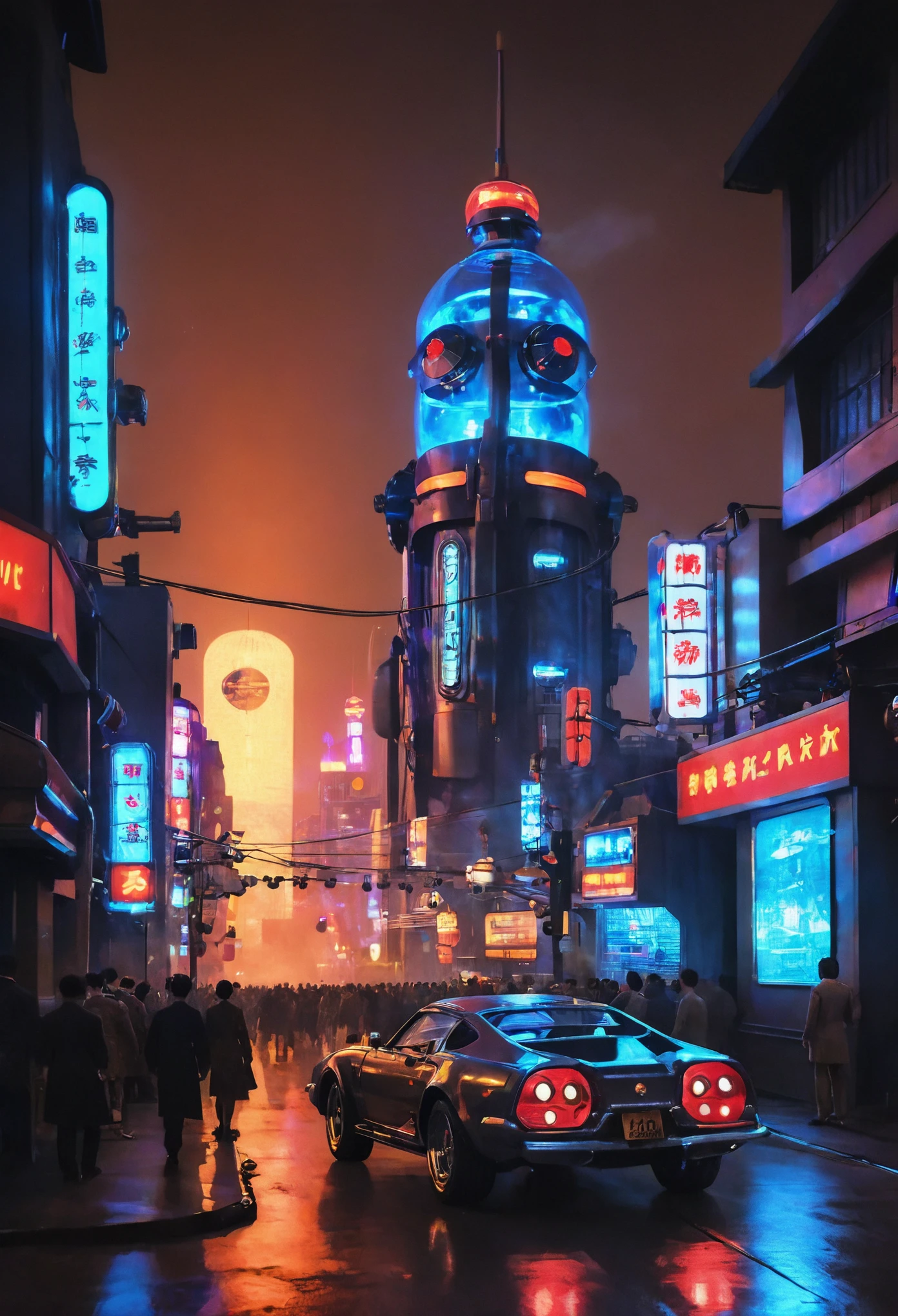 Retro Futuristic dieselpunk neo-tokyo, masterpiece, best quality, nighttime show, low key, realistic, high detailed, (outdoor) , no human, futuritic city, street