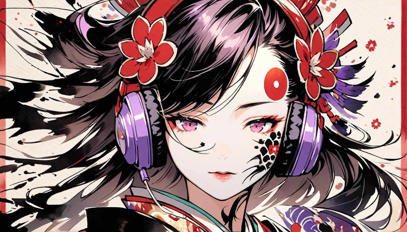 (((Ink Painting))), ((Japanese style headphones)), (((Japanese pattern tattoo on face))), face close up, Gorgeous hair accessories, Japan人の女, Fluttering Hair, Japan, Japanese flag, purple