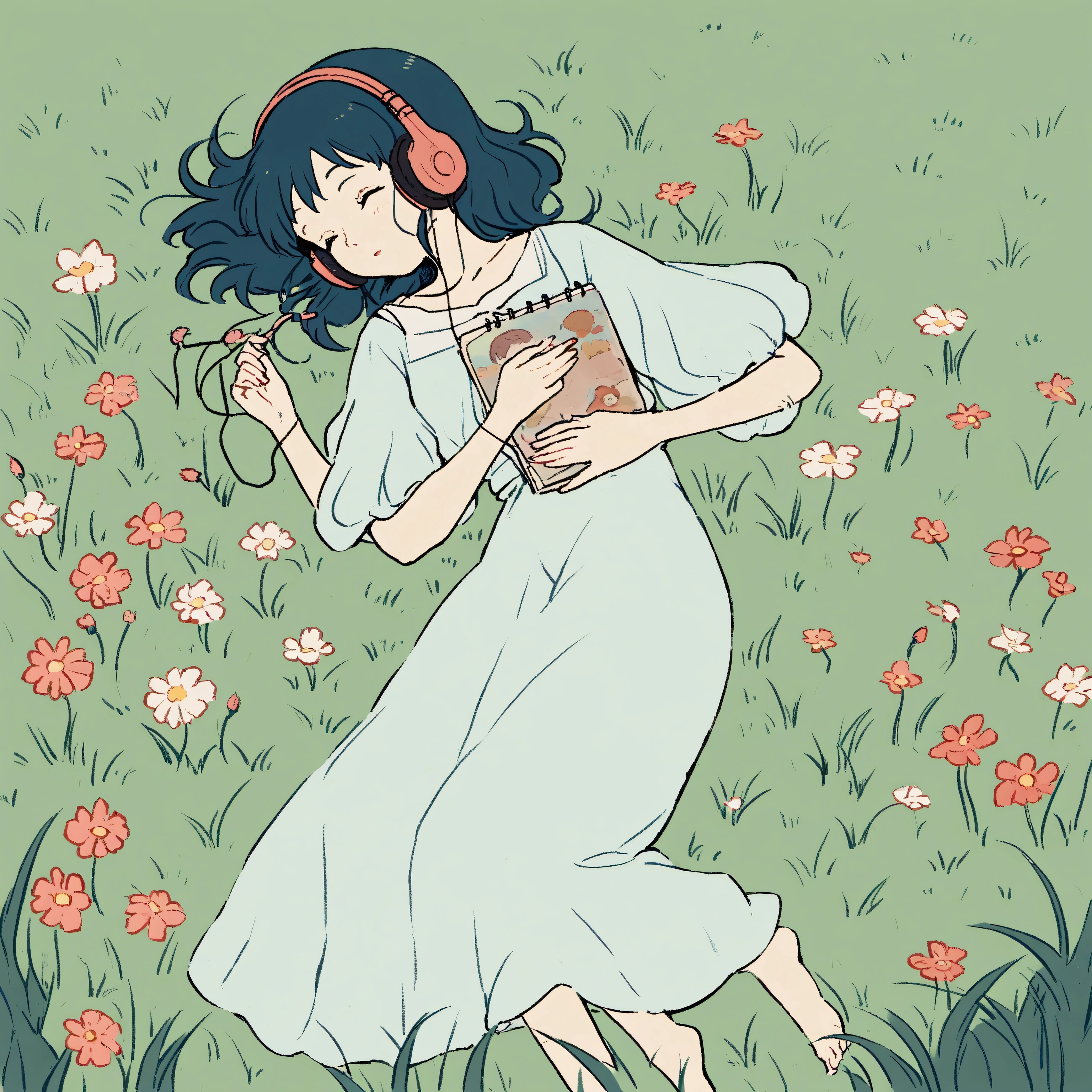 a cute girl lying on the grass in a meadow full of beautiful flowers, (medium grass:1.3), wireless headphone, simple, drawing, listening to music, Studio Ghibli style, grass sway to the side, ghibli studio inspired, whimsical, airy, calm, serene, chill, ghibli, anime, ethereal