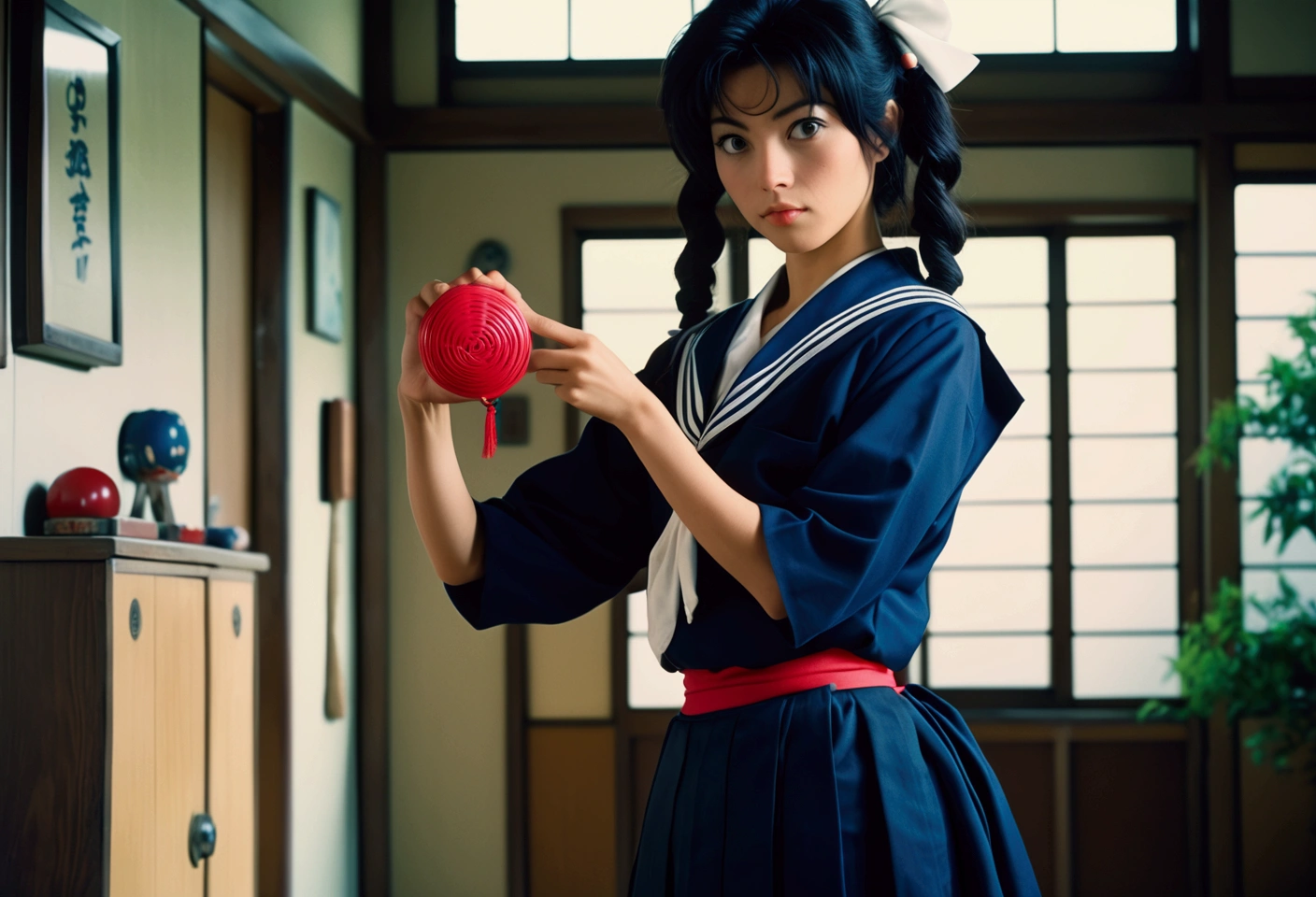 Photo of Yoko Minamino as Sukeban Deka, wearing dark blue Sailor Fuku long skirt, holding a toy yoyo in her hand, 80s Japanese Drama. Canon 5d Mark 4, Kodak Ektar, 35mm 