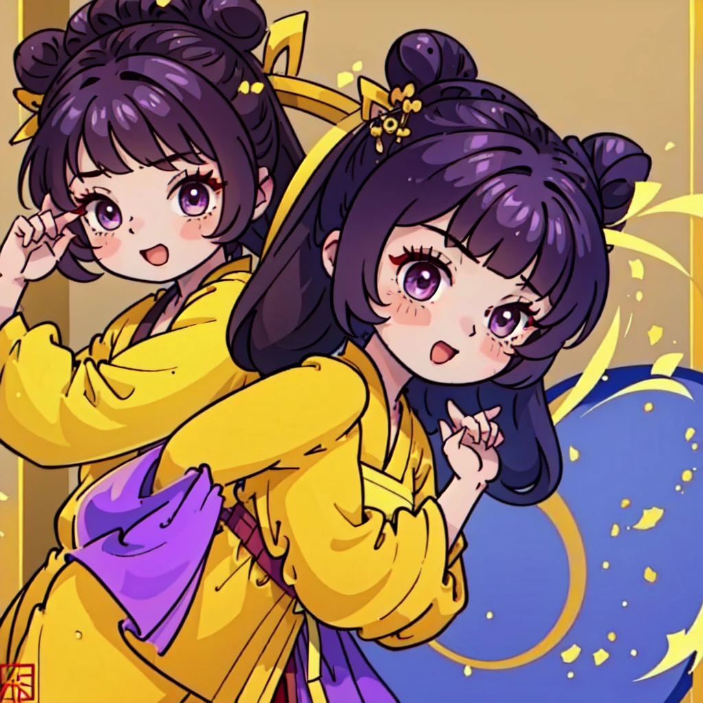 ((Best Quality, ancient china)), 1chica, brown fur ((bun hairstyle)) , purple eyes, yellow tunic ((completely yellow tunic))
