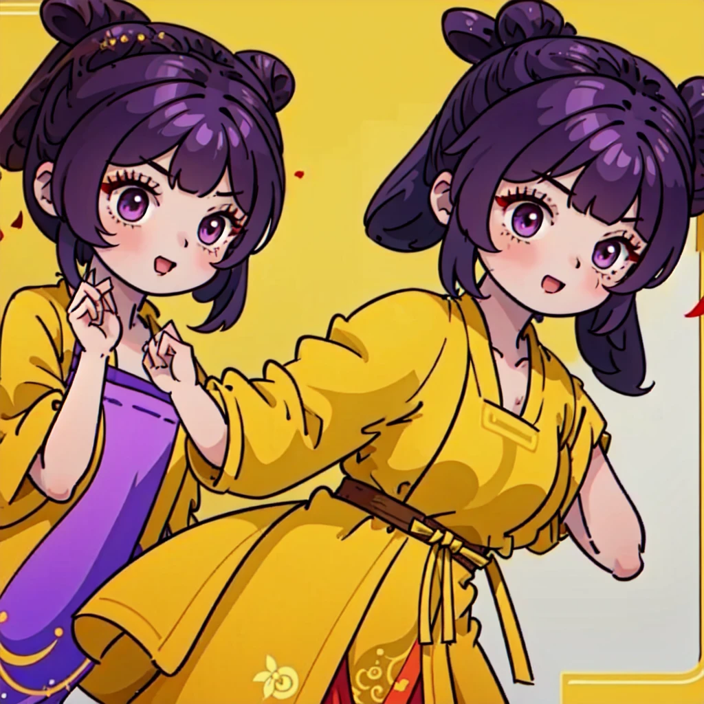 ((Best Quality, ancient china)), 1chica, brown fur ((bun hairstyle)) , purple eyes, yellow tunic ((completely yellow tunic))
