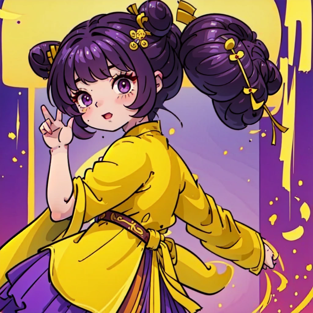 ((Best Quality, ancient china)), 1chica, brown fur ((bun hairstyle)) , purple eyes, yellow tunic ((completely yellow tunic))
