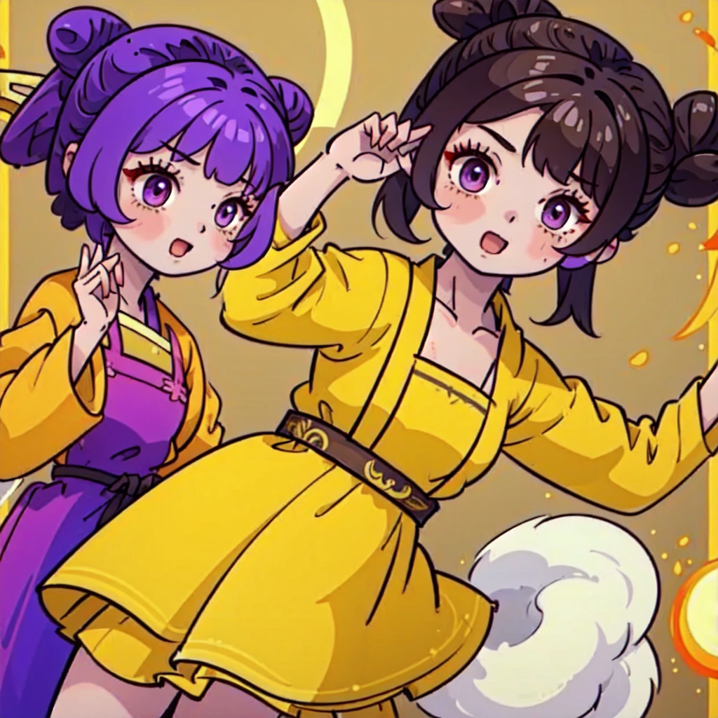 ((Best Quality, ancient china)), 1chica, brown fur ((bun hairstyle)) , purple eyes, yellow tunic ((completely yellow tunic))
