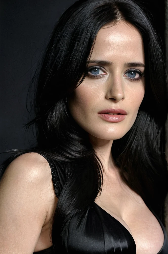 Professional photo of a beautiful young girl, beautiful face, eva green, salma hayek, Angelina Julie, glamor makeup, long black hair, thin body, large breasts, black bra, simple black background, eye contact, looking at viewer, masterpiece, best quality, perfect detail, perfect face detail, perfect eye detail, perfect skin detail, depth of field, perfect lighting