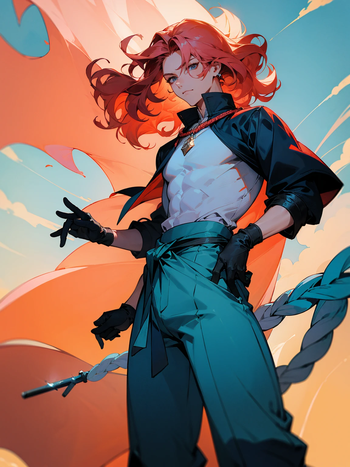 1male, young, coral hair, wavy hair, vergil hair, white long sleeve shirt, sky blue baggy pants, rope tied around waist, black gloves,