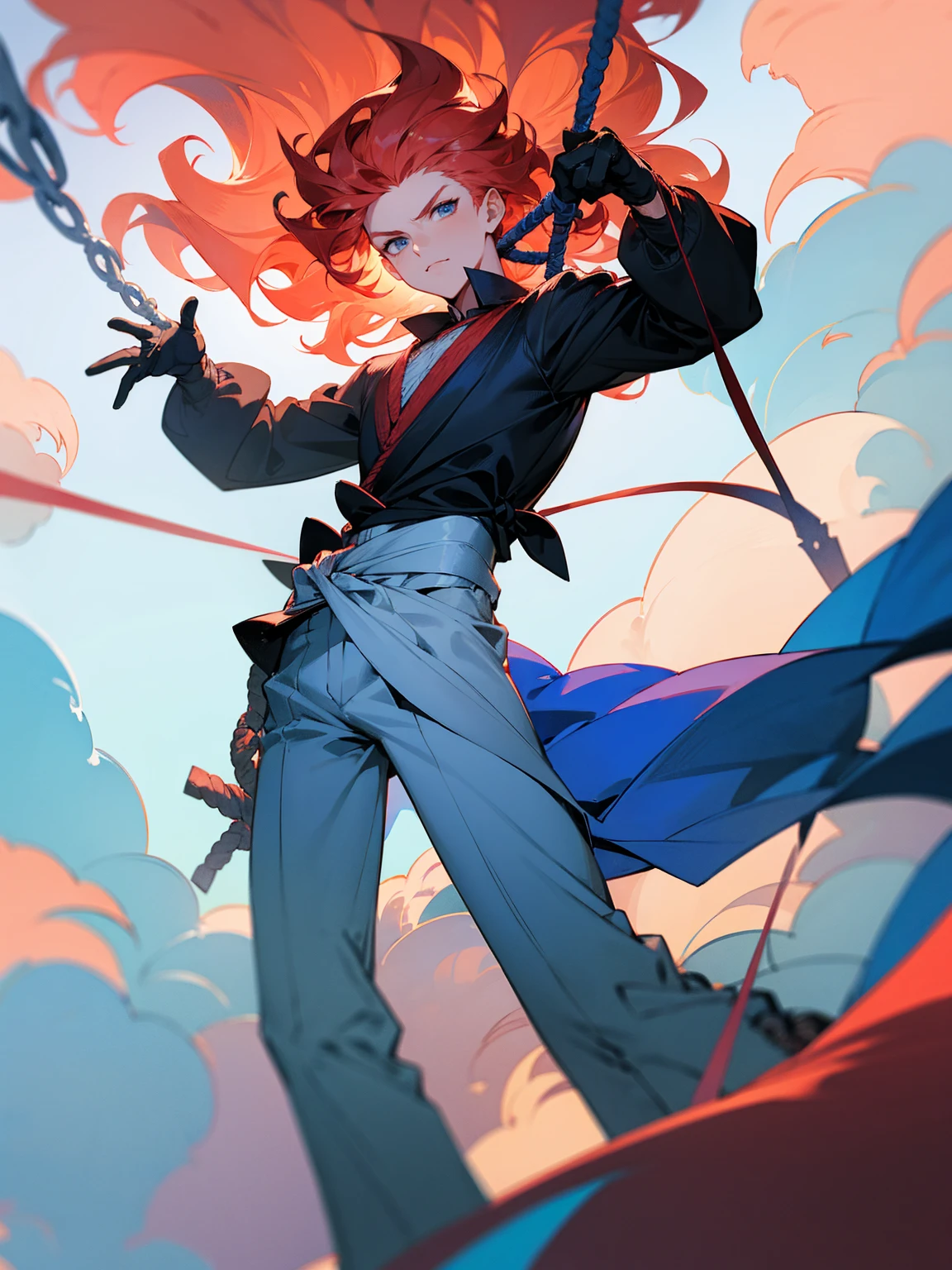 1male, young, coral hair, wavy hair, vergil hair, white long sleeve shirt, sky blue baggy pants, rope tied around waist, black gloves,