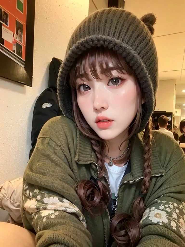 Cute ullzang girl with big eyes and green clothes. Adorable girl with bangs and brown hair.