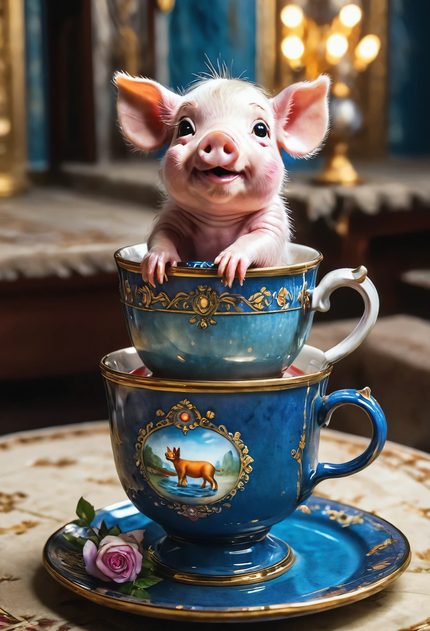 cute tiny realistic piglet sitting inside an ornate ceremonial teacup in the royal palace of Siberia, tea is spilling down the cup and pooling on to the plate, sub surface shading, dramatic lighting