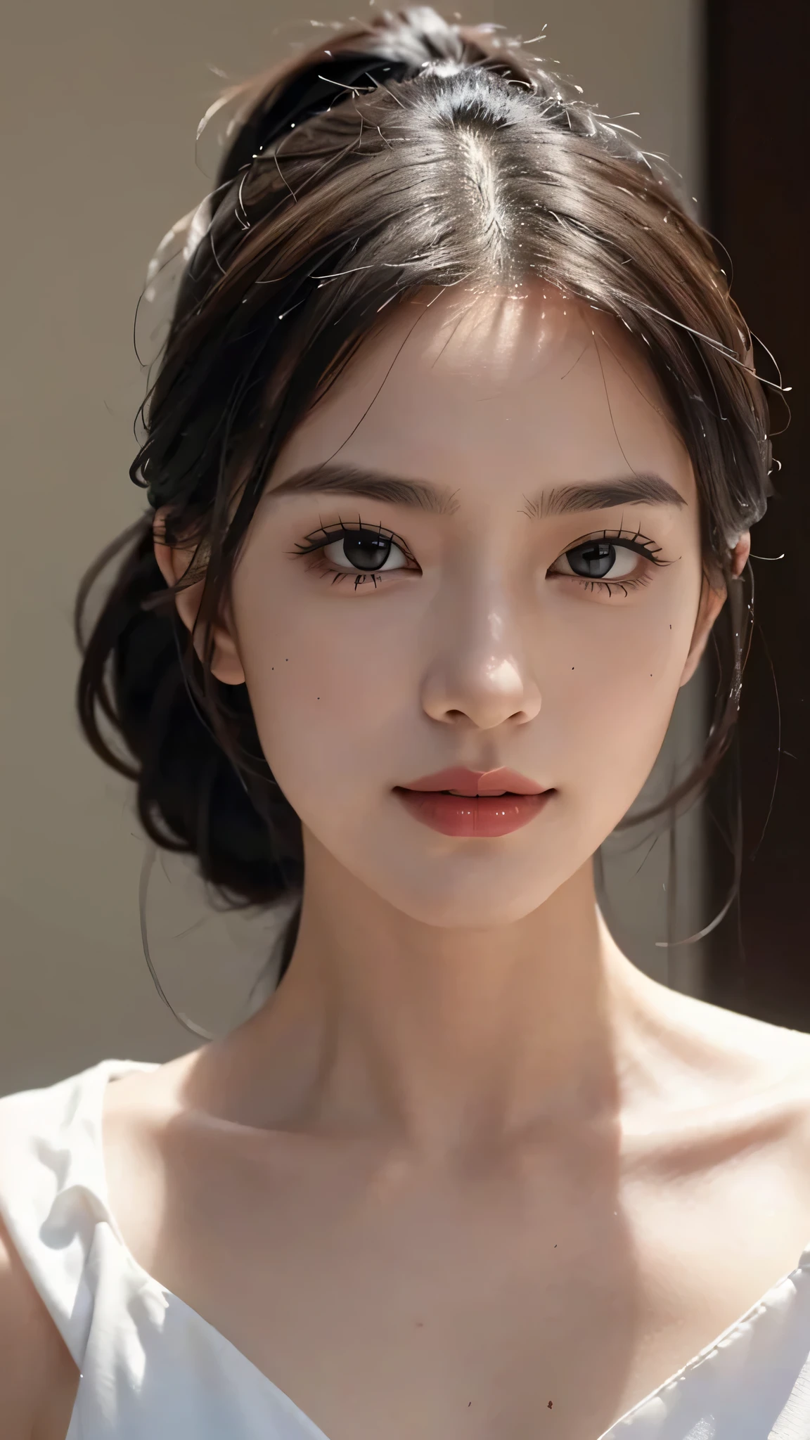 Lipstick in hand,Cosmetics commercial style,Commercial filming studio,close up face,fully body photo,masutepiece, The highest image quality, High quality, the background is clear，Beautiful woman, Japanese, Detailed, Ultra-detailed, finely detail, hight resolution, 8K Wallpaper, Perfect dynamic composition, Beautiful detailed eyes ,Detailed eyes, Detailed skin, Beautiful skin, 超hight resolution, (reality: 1.4),Very beautiful woman, Slightly younger face, Beautiful skin, slender, (Ultra photo realsisim), (hight resolution), (8K), (Very detailed) (beautifully detailed eyes), (super detailed),   (Detailed face), view the viewer, Fine details, Detailed face, Staring straight ahead, Staring straight ahead, photos realistic, Bright lighting, Professional Lighting, Black hair,poneyTail,a baby face,sixteen years old,Hairstyle: ponytail,Long ponytail hairstyle,slight smile,