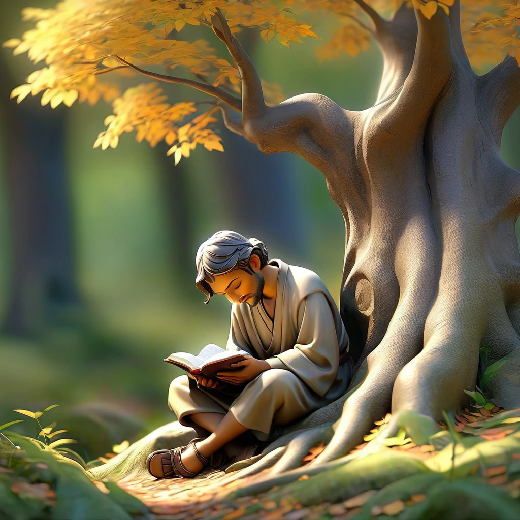 Sob a serene glass, on a peaceful day, happy man in the forest, in voracious prayer. Bible in hands, words of light, Seek the comfort that faith always translates. The shadow of the tree, shelter and refreshment, A sacred encounter, an ethereal moment. With eyes closed and heart open, Pray fervently, search for the right path. Every leaf that falls, a divine whisper, Guiding your words, showing the destination. On sacred ground, your soul surrenders, To God omnipresent, his life he extends. under the tree, symbol of life and shelter, happy man with bible, in an old dialogue. kneeling in prayer, her strength she renews.