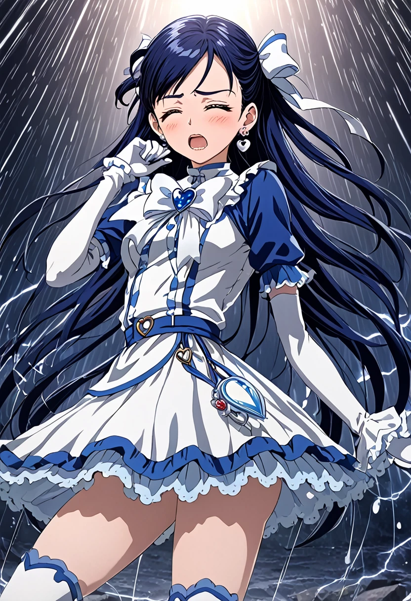 (Suffering from being held by a muscular man:1.5)、Cure White,hair ribbon,Chest ribbon, mini skirt, white choker, thigh straps, elbow gloves, heart brooch,Heart Earrings,detailed hair and outfit, long flowing dark blue hair, white and blue frilly dress, white gloves and boots, blushing, feeling pain, suffering from arm being bitten by enemy, dynamic and intense scene, background with sound waves, eyes closed, masterpiece, best quality, highly detailed background, perfect lighting, (beautiful, best quality: 1.1), masterpiece, perfect eyes, (beautiful), (erotic: 1.2)