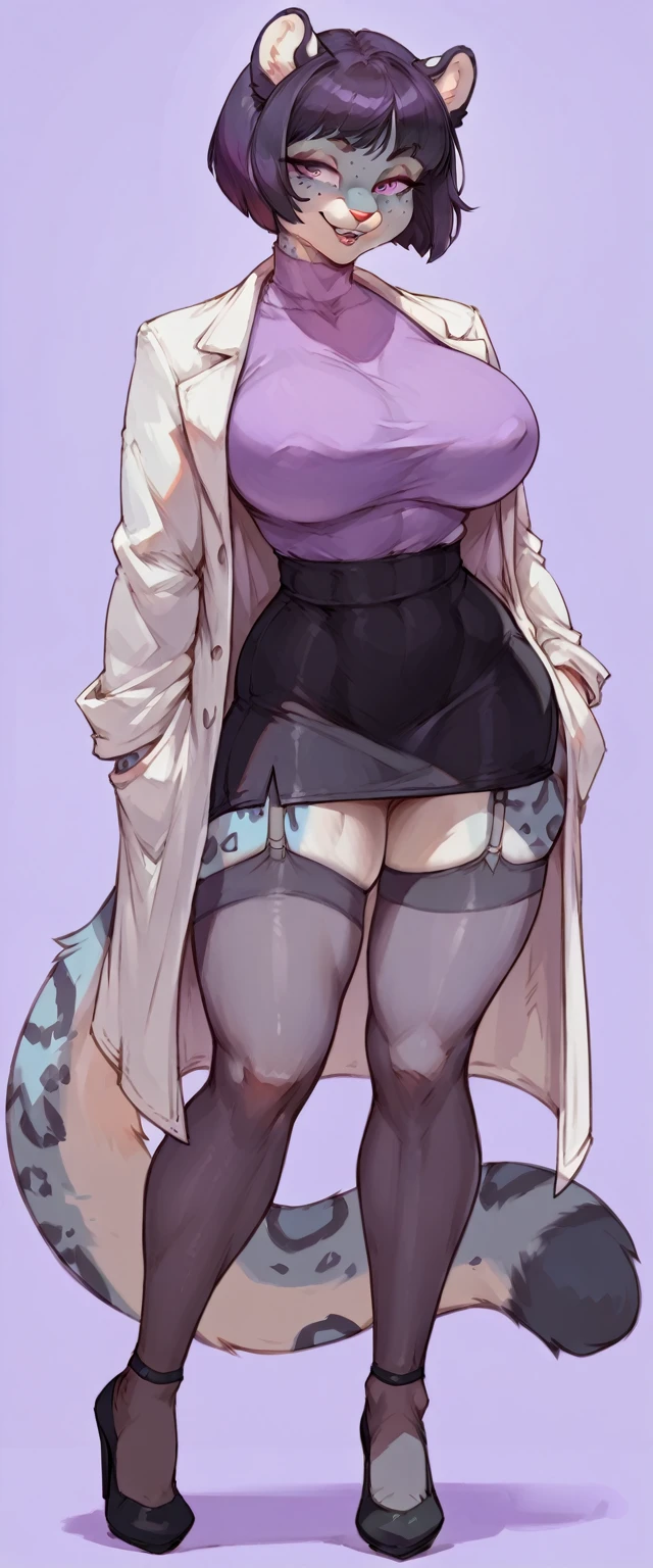 (solo) female anthro snow leopard, black short hair bob cut, snow leopard, (big breasts:1.5), attractive, purple shirt, tight black skirt, lab coat , grey garter belt tights  fit body, snow leopard tail,, thicc, freckles, freckles on face, smug eyes, (happy expression), she is standing look to the viewer , violet background, simple background, thick thighs  (front view) high heels