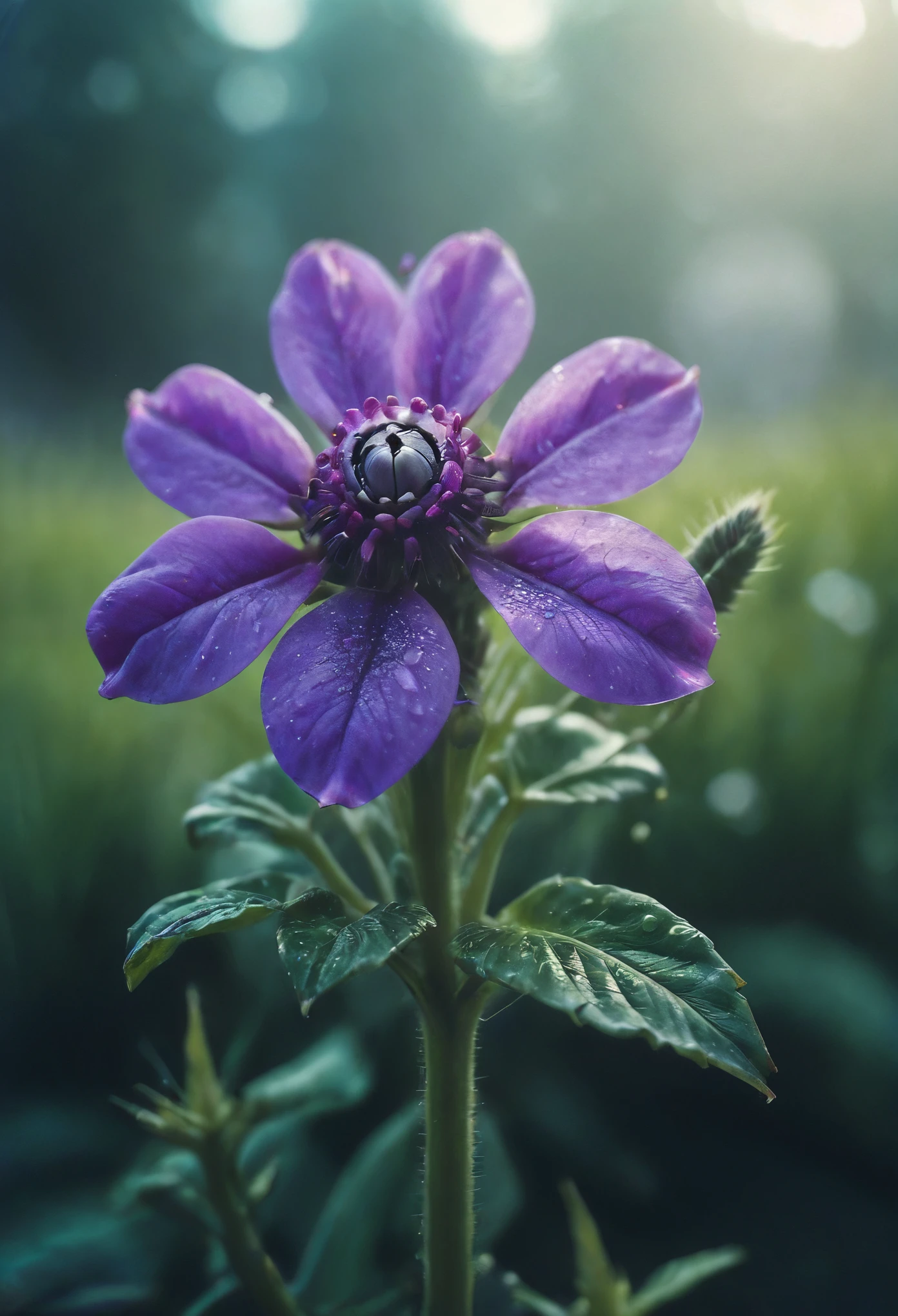 Very detailed macro Closeup of a purple Green sss blooming carnivorous flower, atmospheric haze, Film grain, cinematic film still, shallow depth of field, highly detailed, high budget, cinemascope, moody, epic, OverallDetail, 2000s vintage RAW photo, photorealistic, candid camera, color graded cinematic, atmospheric lighting, imperfections, natural, shallow dof