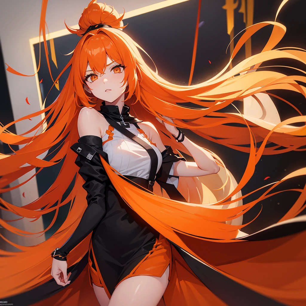 A Tall female with orange eyes and long orange hair in awsome outfit