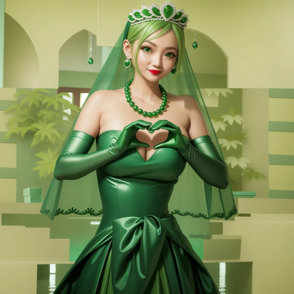 Emerald tiara, Green Pearl Necklace, ボーイッシュな非常に短いGreen Hair, Green Lips, Smiling Japanese woman, Very short hair, Busty beautiful lady, Green Eyes, Green satin long gloves, Green Eyes, Emerald Earrings, Green veil, Heart with both hands, Green Hair, Beautiful Japanese Woman, Heart shaped hands:1.3, green lip gloss