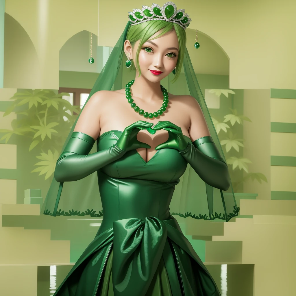 Emerald tiara, Green Pearl Necklace, ボーイッシュな非常に短いGreen Hair, Green Lips, Smiling Japanese woman, Very short hair, Busty beautiful lady, Green Eyes, Green satin long gloves, Green Eyes, Emerald Earrings, Green veil, Heart with both hands, Green Hair, Beautiful Japanese Woman, Heart shaped hands:1.3, green lip gloss