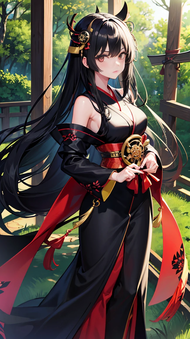 18-year-old girl、Black hair that grows to the waist、Japanese Armor、Black kimono、Serious expression、Naginata、Daytime forest、Large Torii Gate