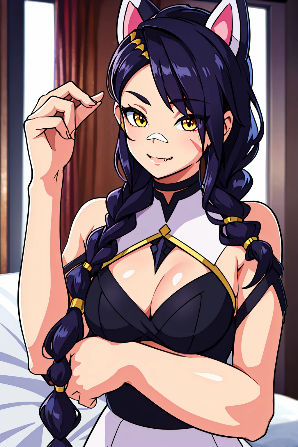 Erisa, 1girl, solo, long hair, looking at viewer, black hair, bandaid on face, yellow eyes, animal ears, smile, bandaid on nose, braid, cat ears, bandaid, bangs, breasts, fake animal ears, bedroom background, fang, bare shoulders, scar, bare shoulders, closed mouth, hair over one eye, portrait, hair over shoulder, legs, lingerie, bedroom, seductive, realistic, highly detailed face, detailed eyes, best quality, masterpiece, ultra detail, ultra high res, extreme detail, 8k, uhd