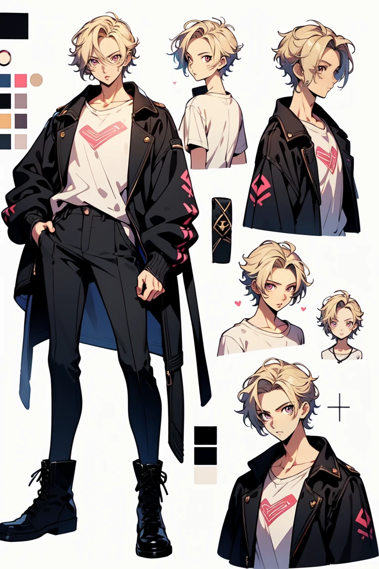 1male, Video game character design, Drawing with Line Drawing, Multiple points of view, best quality,masterpiece,highres, yuan-ti, muscular lean young male, collage ((character concept art)), Video game character design, Detailed teenage boy with pale skin, blond hair pink eyes, complex clothing, combat boots, sweaters, messy short blond hair, asian, flannel, oversizeshirts, layered clothes, button-up, graphic tee, longsleeved, accessories, turtleneck, vintage, illustartion,Realistic,Harmonious colours,natural lighting,urban, grunge, dark academia, multiple views, Multiple images of the same character in one outfit, messy fashion